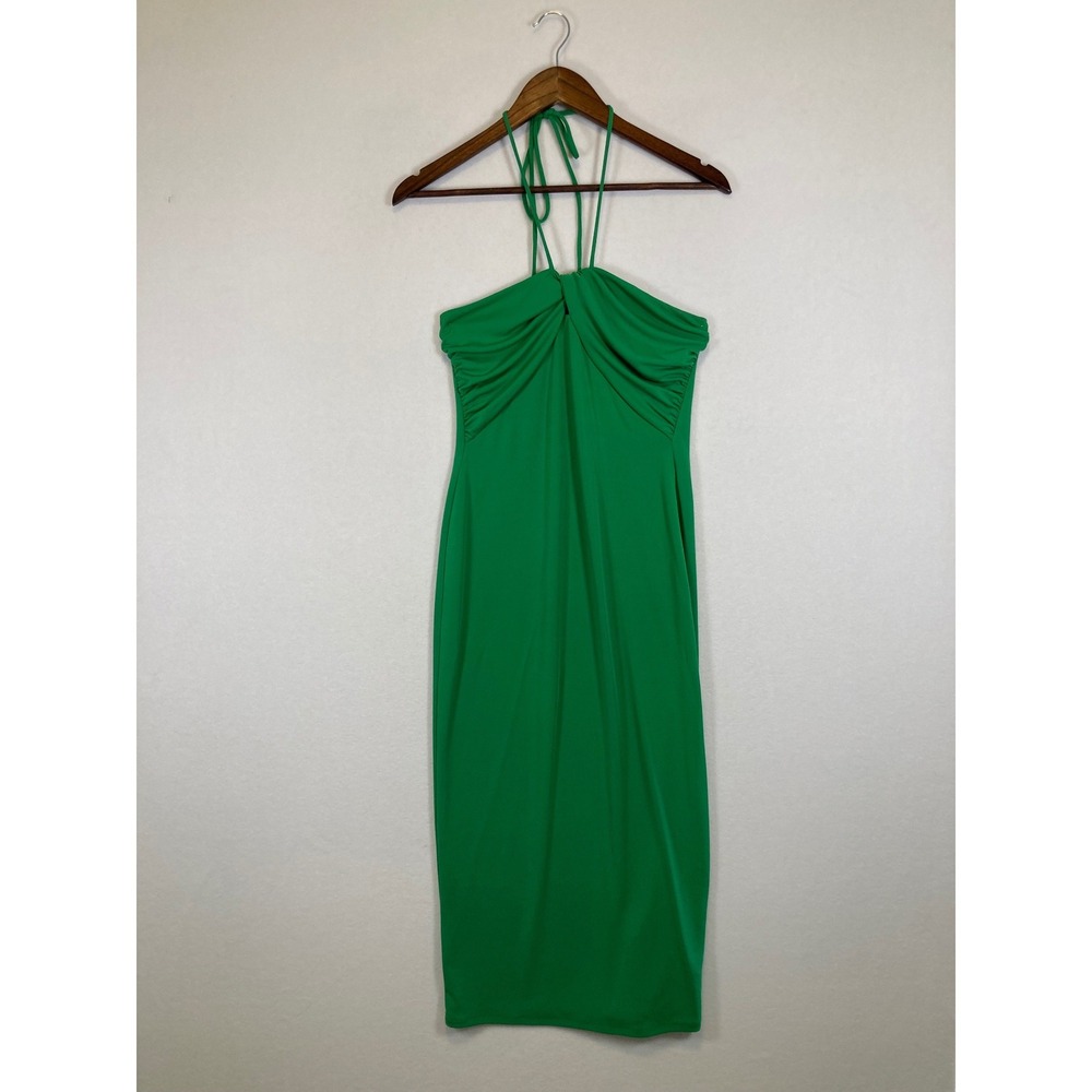 Zara Halter Midi Dress Women Small Green Ruched Bodycon Sleeveless Solid